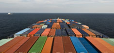 Shipping containers on a cargo ship at sea